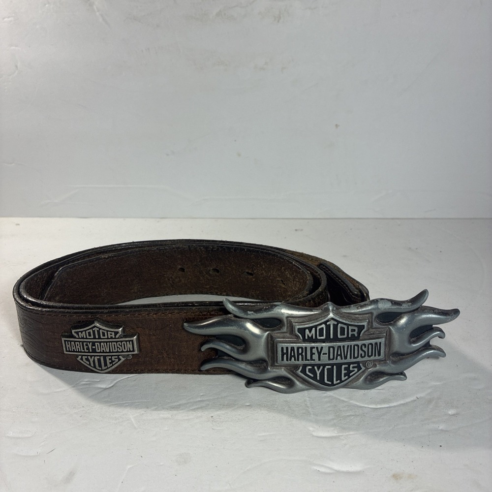 Harley-Davidson Flame Buckle Brown Men's Western Belt Embossed Logo Sz38